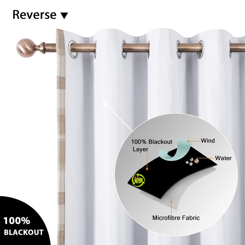 always4u Plaid Curtains for Bedroom Living Room 100% Blackout Thermal Energy Saving Woolen Look Grommet Curtains 63 Inch Length 2 Panels Beige - Image 3